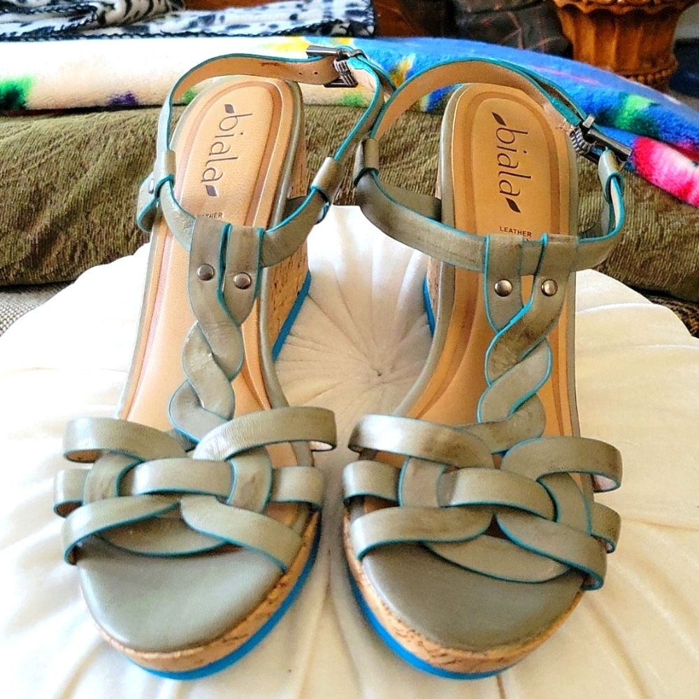 Biala GRAY Wedge/Blue Leather Sandals sz 8.5 Great preowned